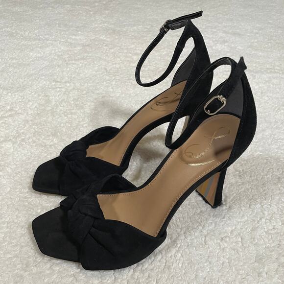 Sam Edelman Lucia Sandals Spool Heels Ankle Strap Suede Open Toe Knot Black 7 - Picture 2 of 7